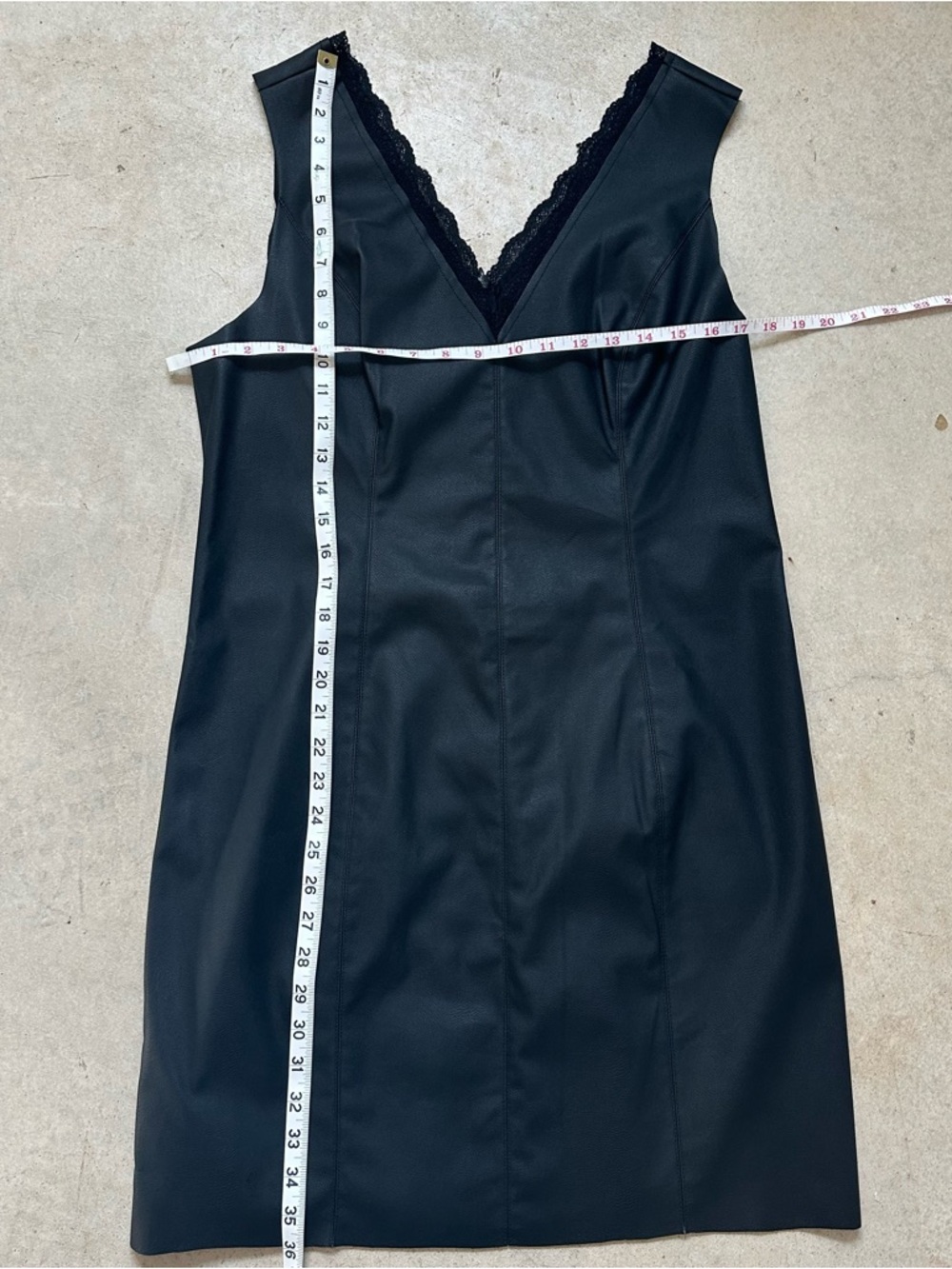 Black Lace-Trim V-Neck Sleeveless Leather Dress - Picture 5 of 5